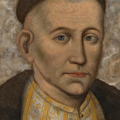 portrait of a man dressed as a nobleman, painted on a sheet