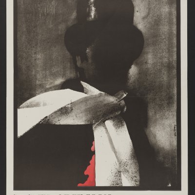 poster, black, white and red, a man in a top hat and a white scarf, shadowed, blurred face, inscriptions above and below the figure