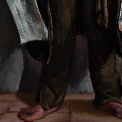 detail showing bare feet and the painter's autograph