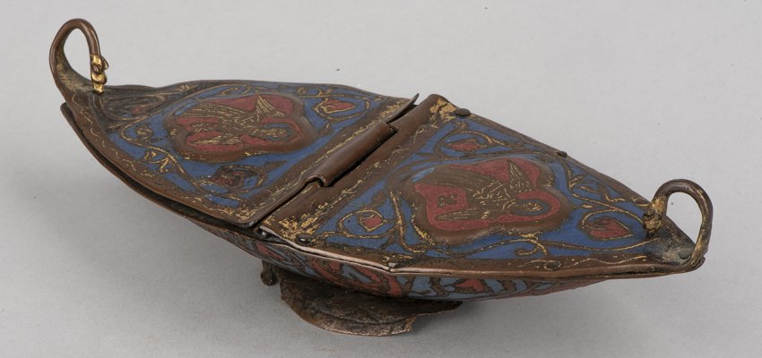 blue and red boat shaped enamel box with lids