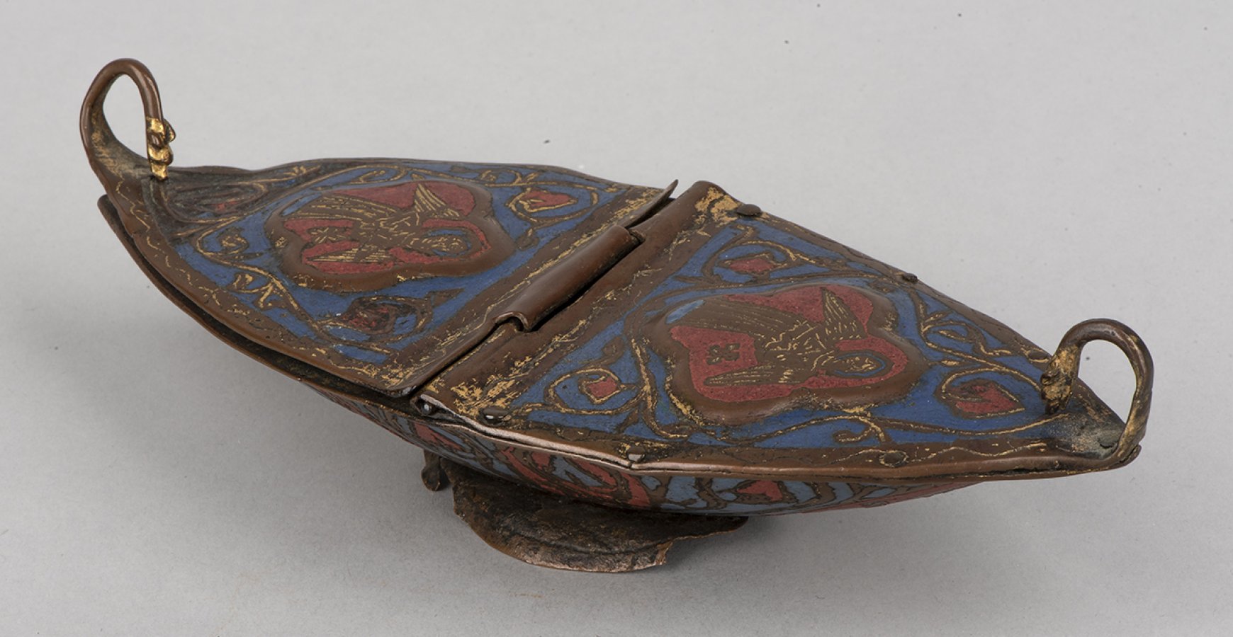 blue and red boat shaped enamel box with lids