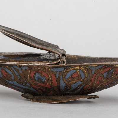 blue and red boat shaped enamel box with lid