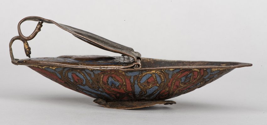 blue and red boat shaped enamel box with lid