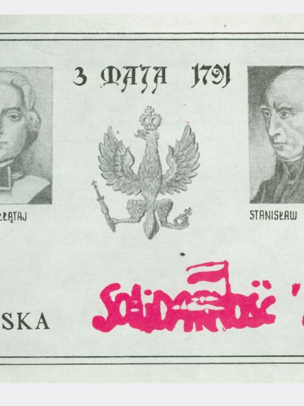 Drugoobiegowy znaczek pocztowy z podobiznami Hugo Kołłątaja i Stanisława Staszica, wydany przez Solidarność z okazji uchwalenia Konstytucji 3 maja, 1987. 