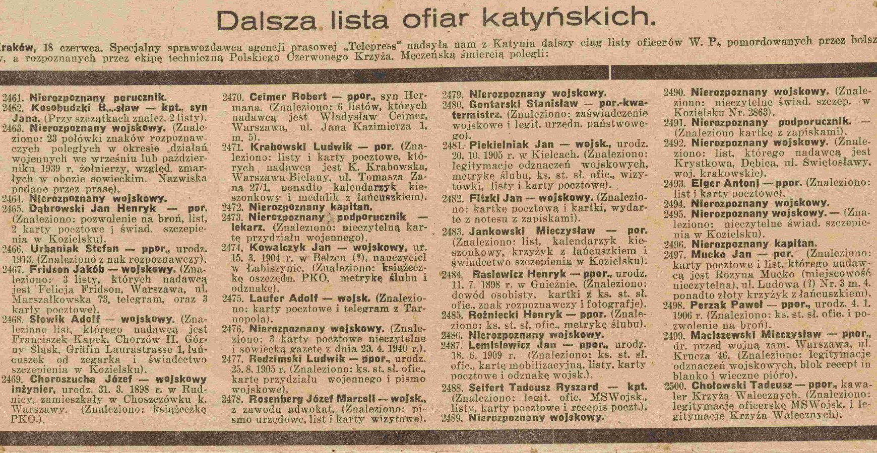 zdjęcie gazety, nazwiska zidentyfikowanych ofiar katyńskich