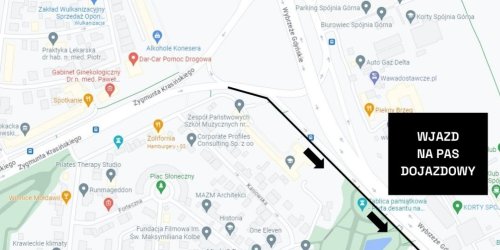 Mapka pokazujące wjazd na pas dojazdowy do parkingu podziemnego